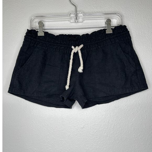 Roxy Oceanside Black Linen Elasticized Cream Rope Tie Shorts M - Picture 2 of 11